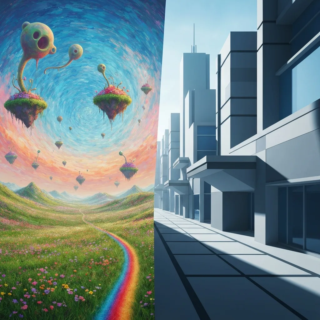 A conceptual split-screen image. On the left side, a blurred, fast-moving sports car spinning in tight circles on an empty asphalt lot, kicking up thick white smoke. On the right side, a lone hiker moving slowly and deliberately up a steep, rocky mountain ridge at dawn, bathed in warm golden-hour light. High contrast, photorealistic.