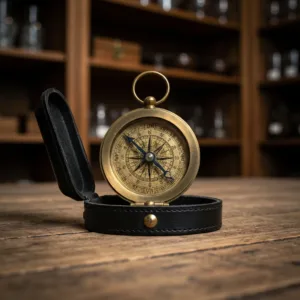 A minimalist, cinematic shot of a heavy, vintage brass compass resting on top of a complex, chaotic architectural blueprint. The compass needle is in sharp focus, pointing steadily forward, contrasting heavily with the messy, frantic lines of the paper beneath it. Soft, natural lighting with deep shadows.