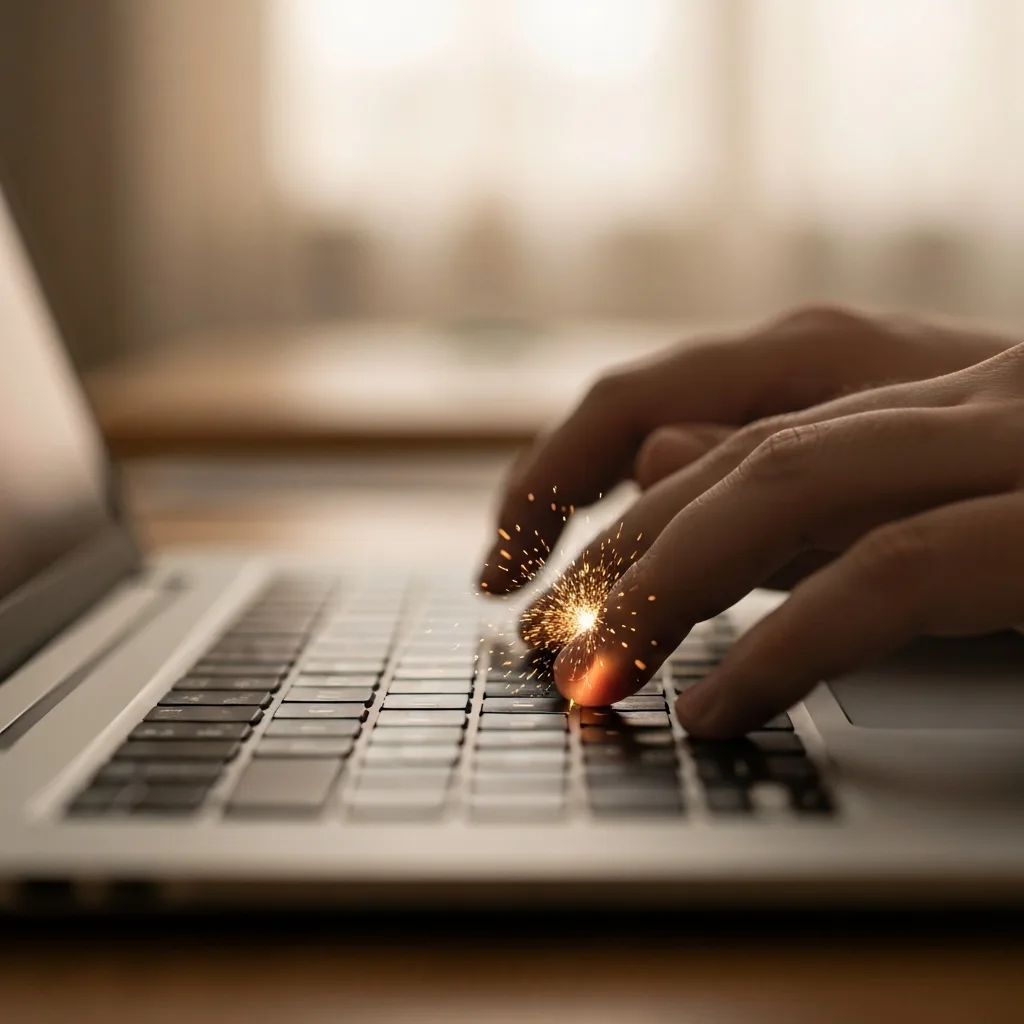 A macro shot of a person's hands typing on a laptop keyboard, but the keyboard keys are replaced with tiny megaphones and alarm bells. The background is blurred with muted office tones. The image should evoke a sense of noisy, performative productivity. Depth of field, 85mm lens, sharp focus on the hands and keys.