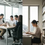 A split-screen conceptual image. On the left, a bright, chaotic office environment with a professional surrounded by floating notification bubbles, thumbs-up icons, and bright neon colors representing 'Loud Work'. On the right, a calm, dimly lit study with a single desk lamp illuminating a notebook and laptop, representing 'Quiet Work'. High contrast, cinematic lighting, photorealistic.