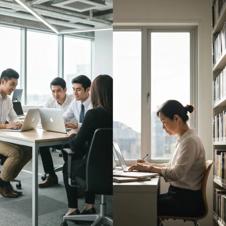 A split-screen conceptual image. On the left, a bright, chaotic office environment with a professional surrounded by floating notification bubbles, thumbs-up icons, and bright neon colors representing 'Loud Work'. On the right, a calm, dimly lit study with a single desk lamp illuminating a notebook and laptop, representing 'Quiet Work'. High contrast, cinematic lighting, photorealistic.