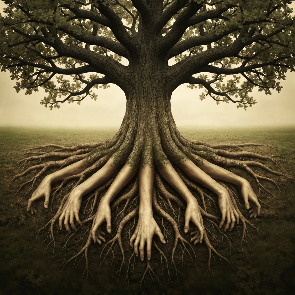 A conceptual digital art piece showing a massive, ancient oak tree with deep, intricate roots exposed underground. The roots slowly morph into human hands reaching downward. Earthy tones, sepia and deep greens, symbolic and evocative.
