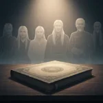 A moody, cinematic illustration of an old, weathered family photo album resting on a dark wooden table, with ethereal, translucent silhouettes of ancestors standing behind the table. Soft, dramatic lighting, highly detailed, evoking a sense of history and memory.