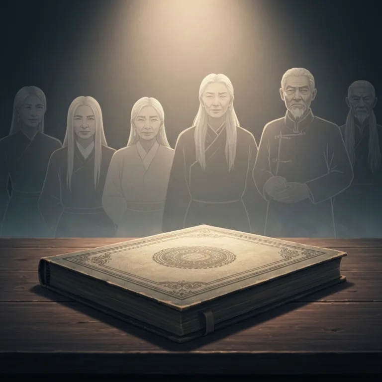 A moody, cinematic illustration of an old, weathered family photo album resting on a dark wooden table, with ethereal, translucent silhouettes of ancestors standing behind the table. Soft, dramatic lighting, highly detailed, evoking a sense of history and memory.