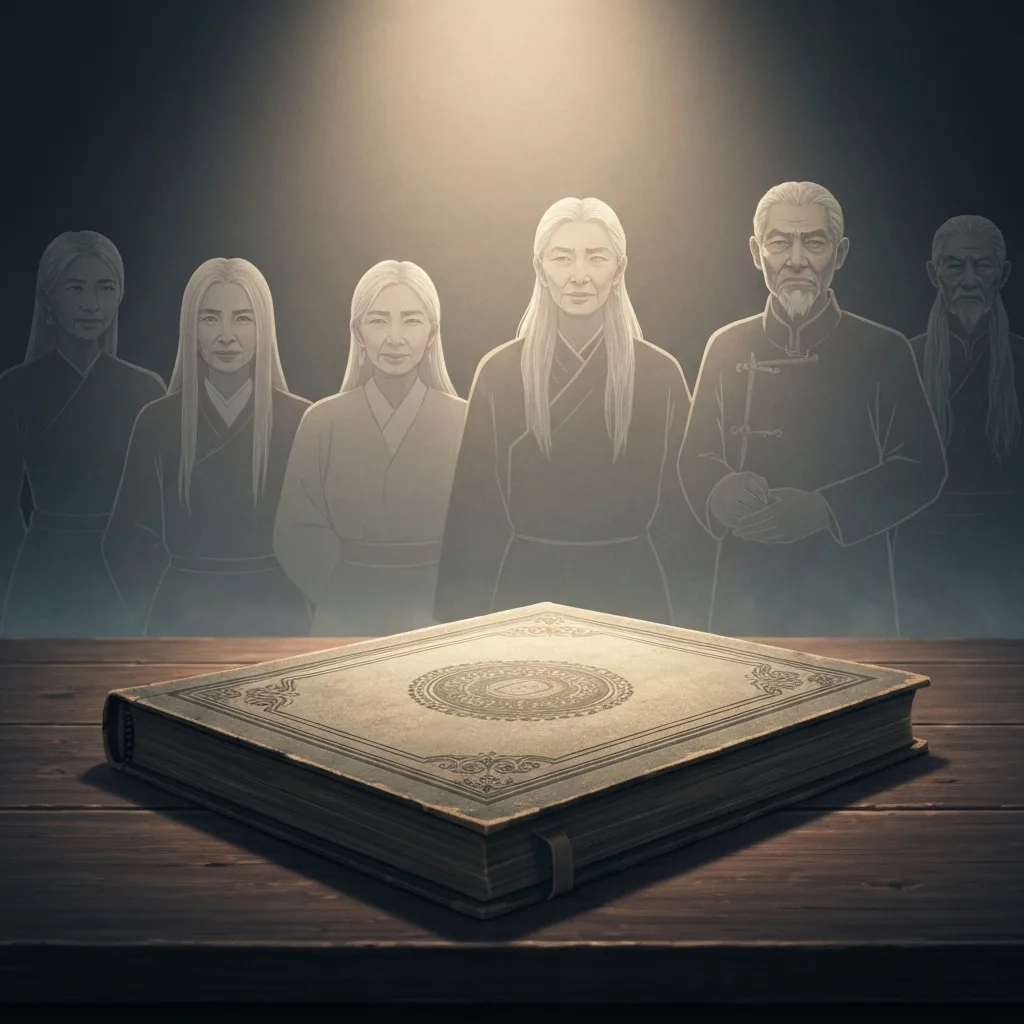 A moody, cinematic illustration of an old, weathered family photo album resting on a dark wooden table, with ethereal, translucent silhouettes of ancestors standing behind the table. Soft, dramatic lighting, highly detailed, evoking a sense of history and memory.