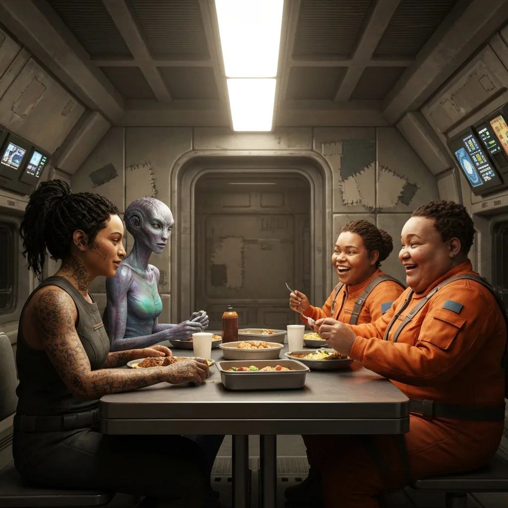 The interior of a worn, patched-up futuristic spaceship galley, a diverse crew of human and alien characters sitting around a metal table sharing a warm meal and laughing together, soft ambient lighting, cinematic composition, focusing on themes of found family and camaraderie.