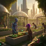A cozy, futuristic community garden set within a sprawling sci-fi metropolis, diverse people of different species working together to plant glowing, bioluminescent flora, warm golden hour sunlight filtering through glass domes, optimistic and peaceful atmosphere, highly detailed digital art.