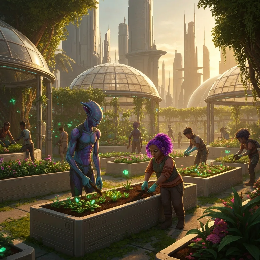 A cozy, futuristic community garden set within a sprawling sci-fi metropolis, diverse people of different species working together to plant glowing, bioluminescent flora, warm golden hour sunlight filtering through glass domes, optimistic and peaceful atmosphere, highly detailed digital art.