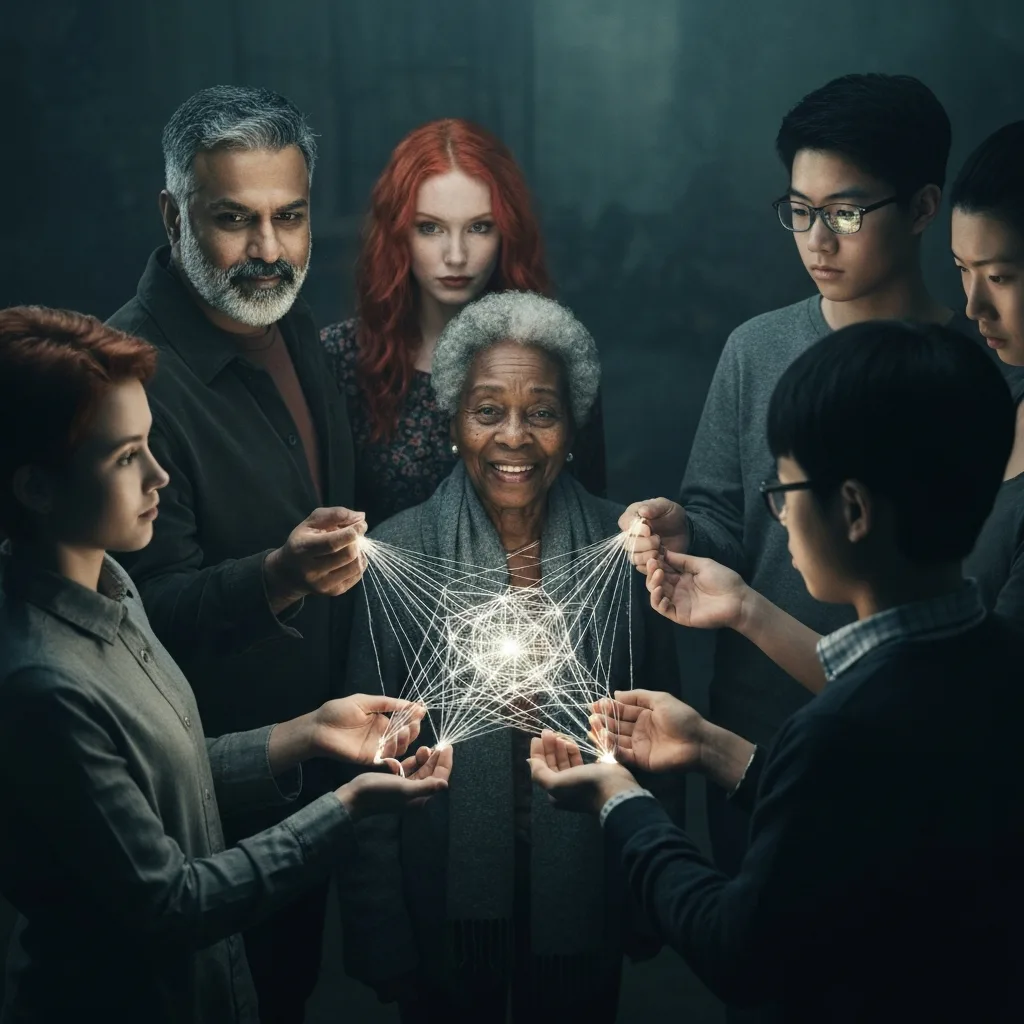 A diverse group of individuals standing in a dimly lit circle, holding glowing, ethereal threads that weave together into a complex, luminous net in the center. This represents the collective narrative and interconnected storytelling. Cinematic lighting, magical realism aesthetic, moody atmosphere.