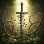 A surreal, artistic illustration showing a shattered traditional metal sword turning into blooming, intertwined organic vines, symbolizing the transition from combat-driven hero narratives to growth-focused storytelling. Warm, earthy color palette, highly detailed, digital painting style.