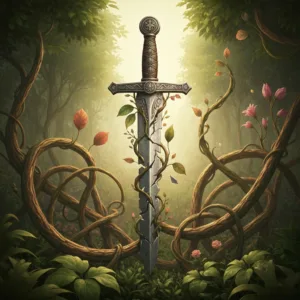 A surreal, artistic illustration showing a shattered traditional metal sword turning into blooming, intertwined organic vines, symbolizing the transition from combat-driven hero narratives to growth-focused storytelling. Warm, earthy color palette, highly detailed, digital painting style.