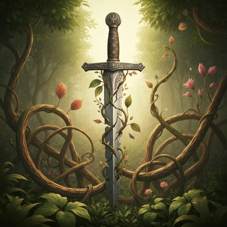 A surreal, artistic illustration showing a shattered traditional metal sword turning into blooming, intertwined organic vines, symbolizing the transition from combat-driven hero narratives to growth-focused storytelling. Warm, earthy color palette, highly detailed, digital painting style.