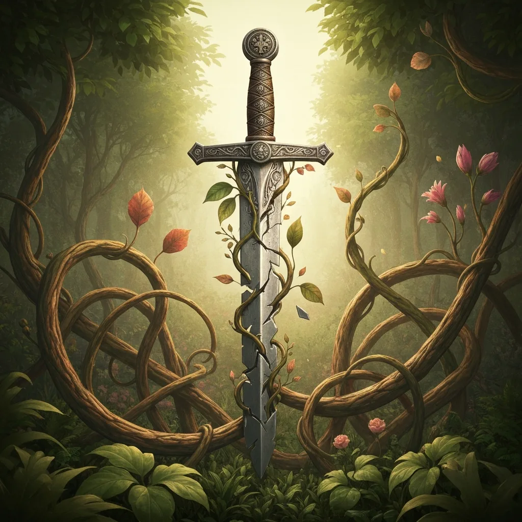 A surreal, artistic illustration showing a shattered traditional metal sword turning into blooming, intertwined organic vines, symbolizing the transition from combat-driven hero narratives to growth-focused storytelling. Warm, earthy color palette, highly detailed, digital painting style.