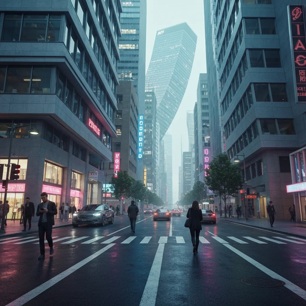 A hyper-realistic modern city street where the architecture subtly bends and twists in impossible, illogical angles. Pedestrians walk by staring blankly into glowing smartphones, completely ignoring the bizarre environment around them. Moody, atmospheric lighting.