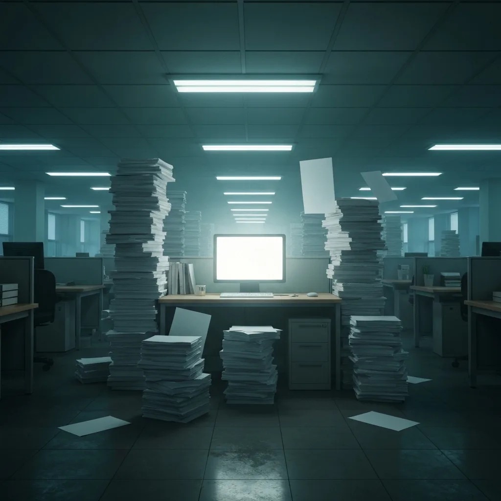 A surreal, highly detailed office environment where towering stacks of blank paper defy gravity, floating around a single, glowing computer monitor. Muted fluorescent lighting, cinematic composition, capturing a sense of existential dread and modern bureaucracy.