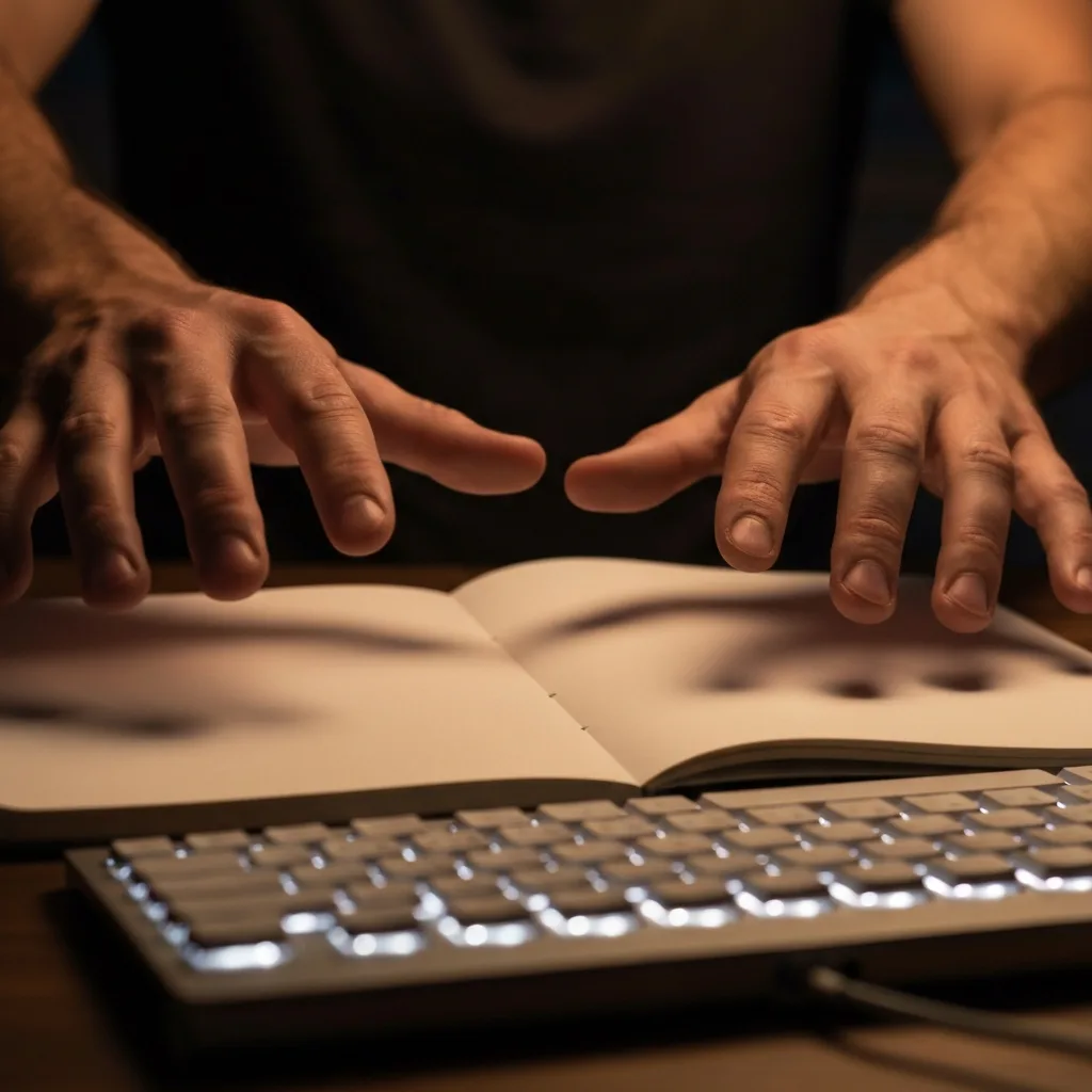 A close-up of a person's hands hovering over a blank sketchbook and keyboard, with subtle visual distortions around the edges to convey a sense of psychological tension and anticipation. Warm, moody lighting.
