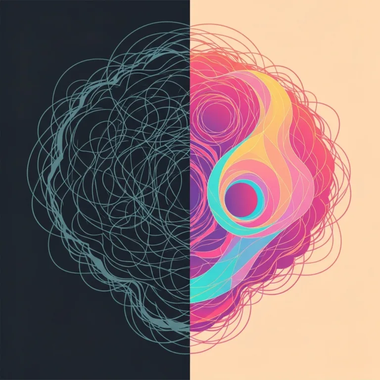 A split-screen abstract illustration showing a chaotic, dark, tangled mind on the left representing anxiety, transitioning into smooth, vibrant, flowing geometric lines on the right representing the flow state. Minimalist, modern aesthetic.