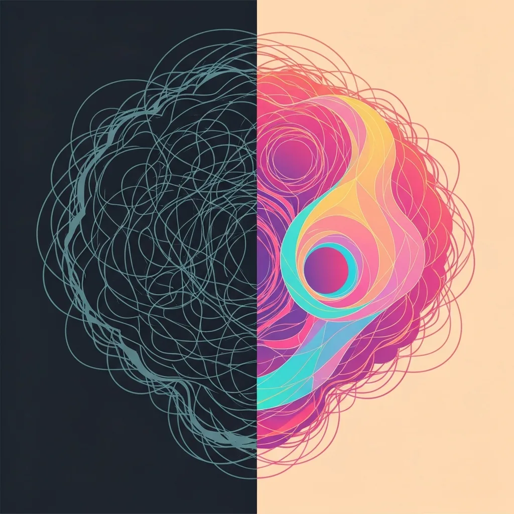 A split-screen abstract illustration showing a chaotic, dark, tangled mind on the left representing anxiety, transitioning into smooth, vibrant, flowing geometric lines on the right representing the flow state. Minimalist, modern aesthetic.