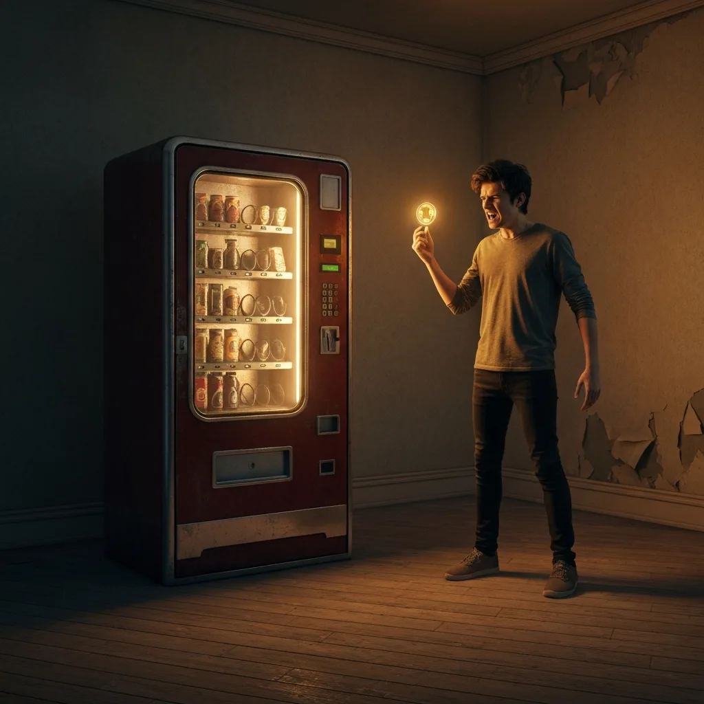 A retro-style mechanical vending machine sitting alone in an empty, moody, dimly lit room. A person stands in front of it, looking frustrated, holding a glowing golden coin. Atmospheric lighting, cinematic depth of field, representing the transactional mindset of immediate returns.
