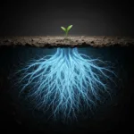 A visual metaphor of subterranean growth. A massive, intricate root system glowing with soft blue bioluminescent energy beneath a barren, dark soil landscape. Above ground, a single, tiny green shoot just barely breaks the surface. High contrast, cinematic lighting, conceptual photography, highly detailed.