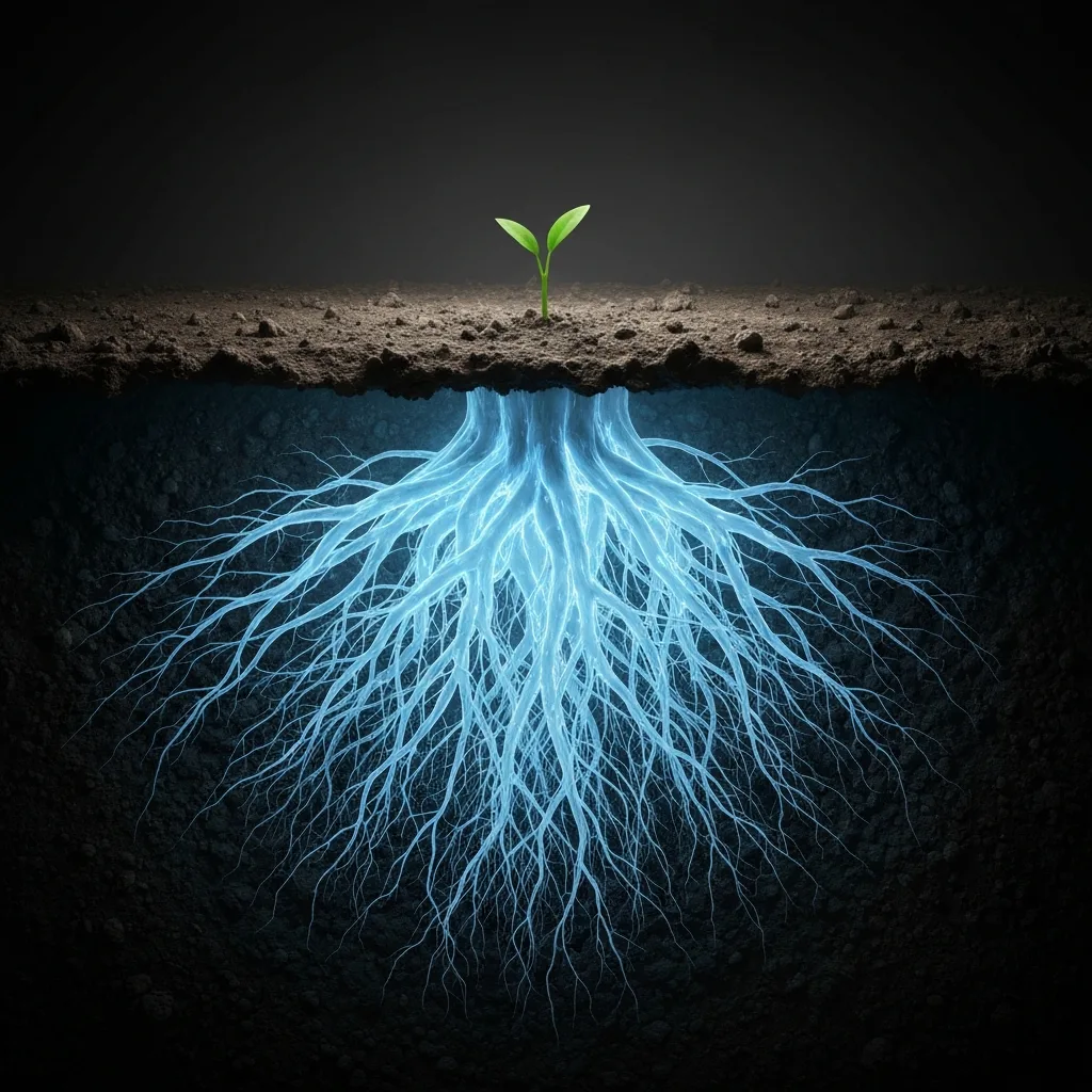 A visual metaphor of subterranean growth. A massive, intricate root system glowing with soft blue bioluminescent energy beneath a barren, dark soil landscape. Above ground, a single, tiny green shoot just barely breaks the surface. High contrast, cinematic lighting, conceptual photography, highly detailed.