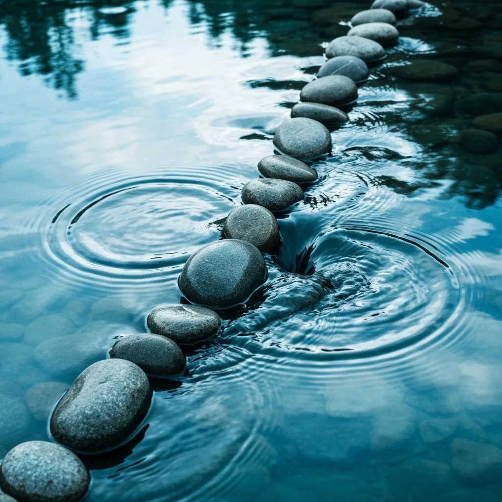 An abstract visual metaphor of a smooth, fast-flowing stream hitting a strategically placed series of smooth river stones, creating controlled ripples, symbolizing strategic resistance in a workflow, cinematic lighting, macro photography.