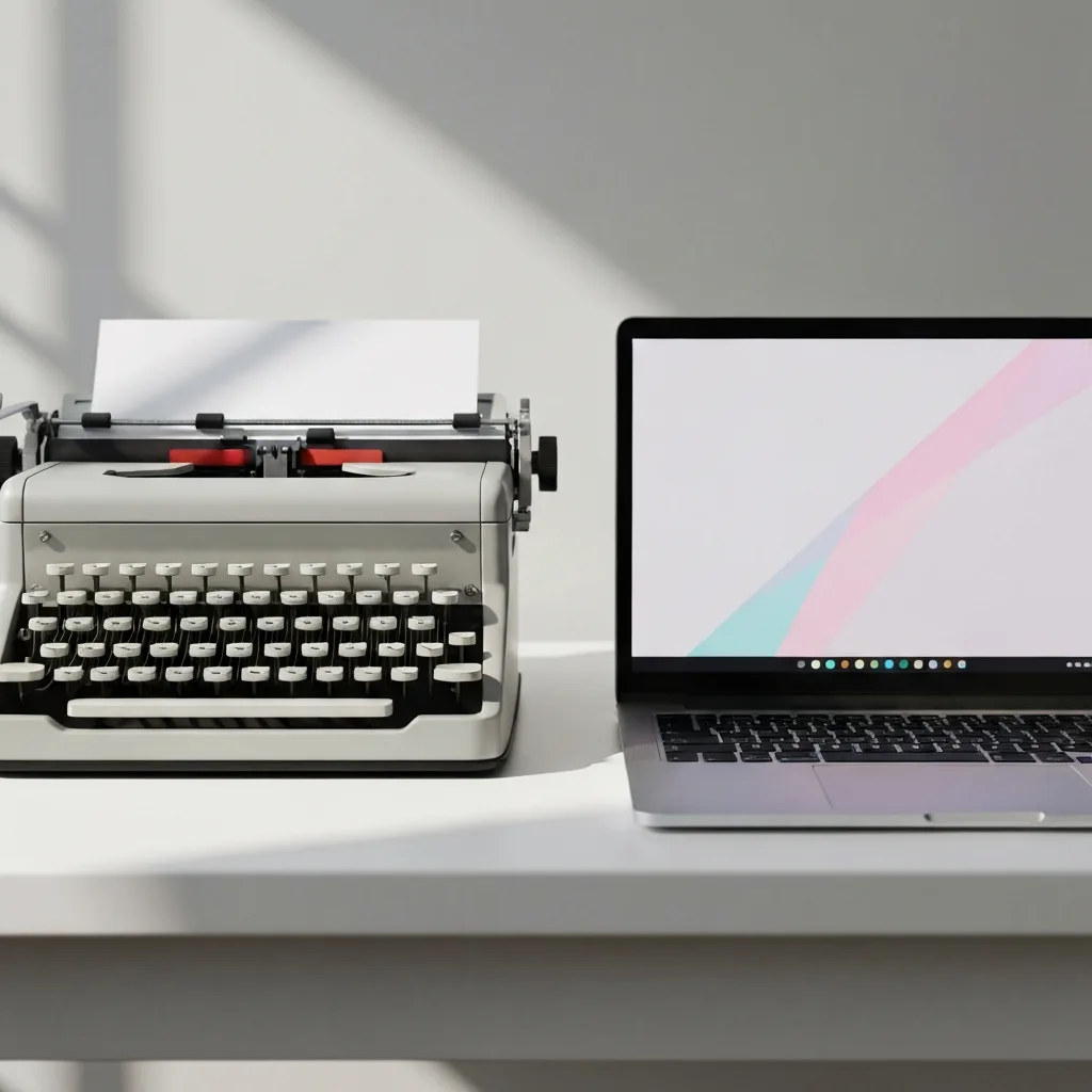 A minimalist workspace with a vintage mechanical typewriter sitting next to a sleek modern laptop, representing the contrast between intentional friction and frictionless technology, soft natural lighting, photorealistic.