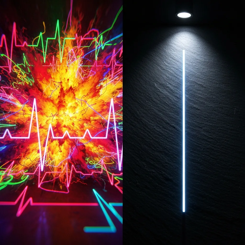 A split visual concept: on the left, a chaotic explosion of bright neon colors and erratic heartbeat monitor lines representing manic enthusiasm; on the right, a smooth, calm, dark slate surface with a single straight, glowing blue line representing quiet resolve and consistency. Abstract, high contrast.
