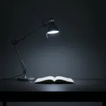 A stark, minimalist workspace with a single lit desk lamp casting a focused beam on an open notebook. The surrounding room is in deep, cool shadows, conveying a sense of quiet, intense focus and cold execution, cinematic lighting, photorealistic.