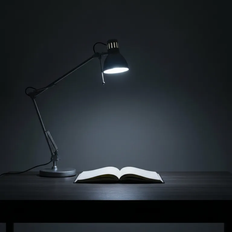 A stark, minimalist workspace with a single lit desk lamp casting a focused beam on an open notebook. The surrounding room is in deep, cool shadows, conveying a sense of quiet, intense focus and cold execution, cinematic lighting, photorealistic.