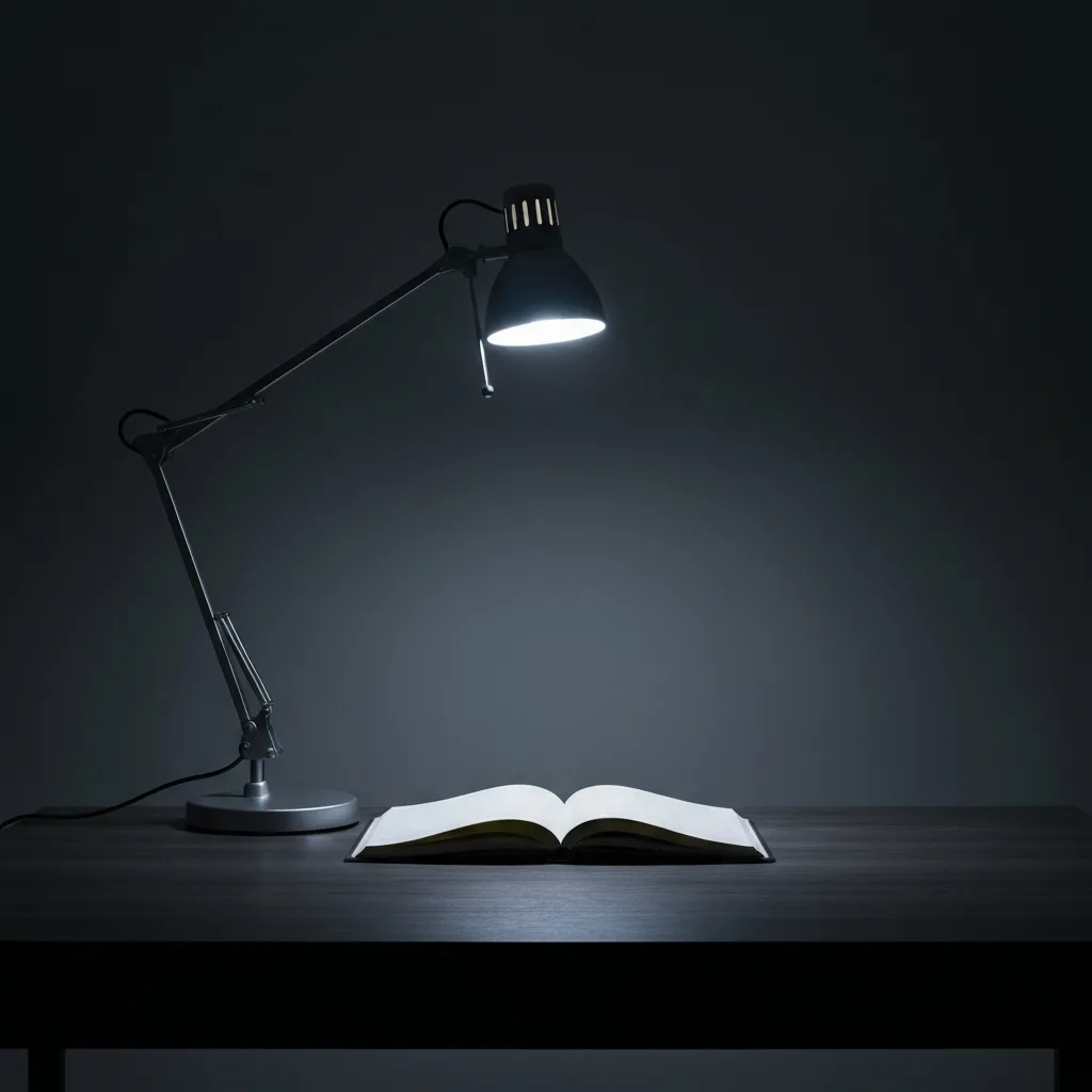 A stark, minimalist workspace with a single lit desk lamp casting a focused beam on an open notebook. The surrounding room is in deep, cool shadows, conveying a sense of quiet, intense focus and cold execution, cinematic lighting, photorealistic.