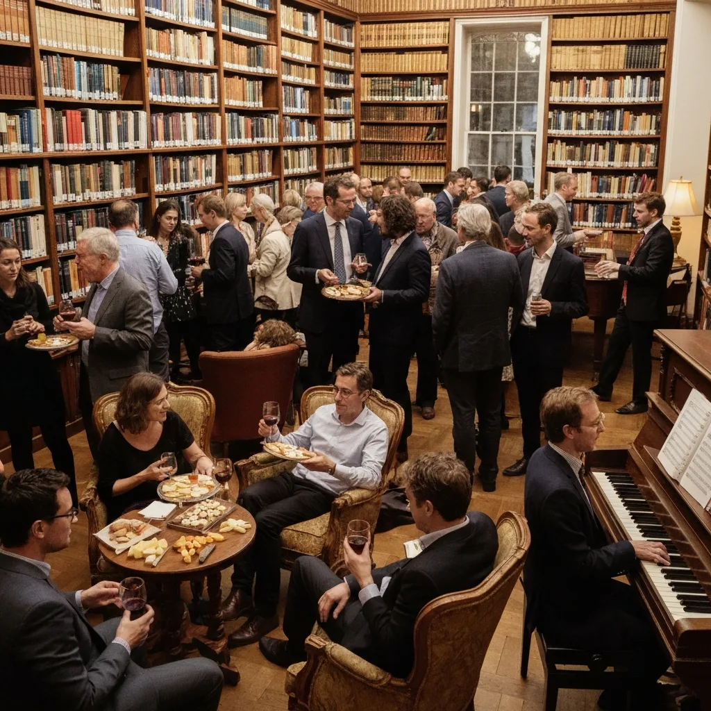 A lively, chaotic university faculty party in a mid-century modern living room. Academics in tweed jackets and cocktail dresses are engaged in animated, pretentious conversations, holding glasses of red wine. The scene is slightly satirical and vibrant, reminiscent of a 1970s intellectual gathering. Highly detailed, narrative illustration style.