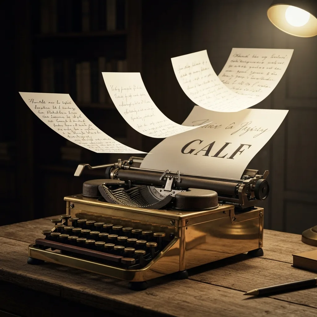 A vintage mechanical typewriter sitting on a heavy oak desk in a dimly lit, cozy writer's study. Several different sheets of paper are magically flying out of the carriage, each sheet featuring a distinctly different handwriting style and ink color. Towering bookshelves in the blurred background. Warm, rich amber and shadow tones.