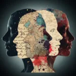A conceptual illustration of multiple overlapping silhouettes of human faces in profile, each filled with different intricate textures like handwritten text, vintage maps, and abstract watercolor splashes, symbolizing multiple perspectives in literature. Cinematic lighting, moody and intellectual atmosphere, highly detailed.