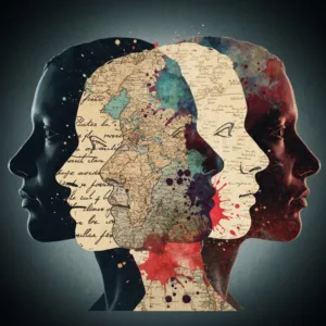 A conceptual illustration of multiple overlapping silhouettes of human faces in profile, each filled with different intricate textures like handwritten text, vintage maps, and abstract watercolor splashes, symbolizing multiple perspectives in literature. Cinematic lighting, moody and intellectual atmosphere, highly detailed.