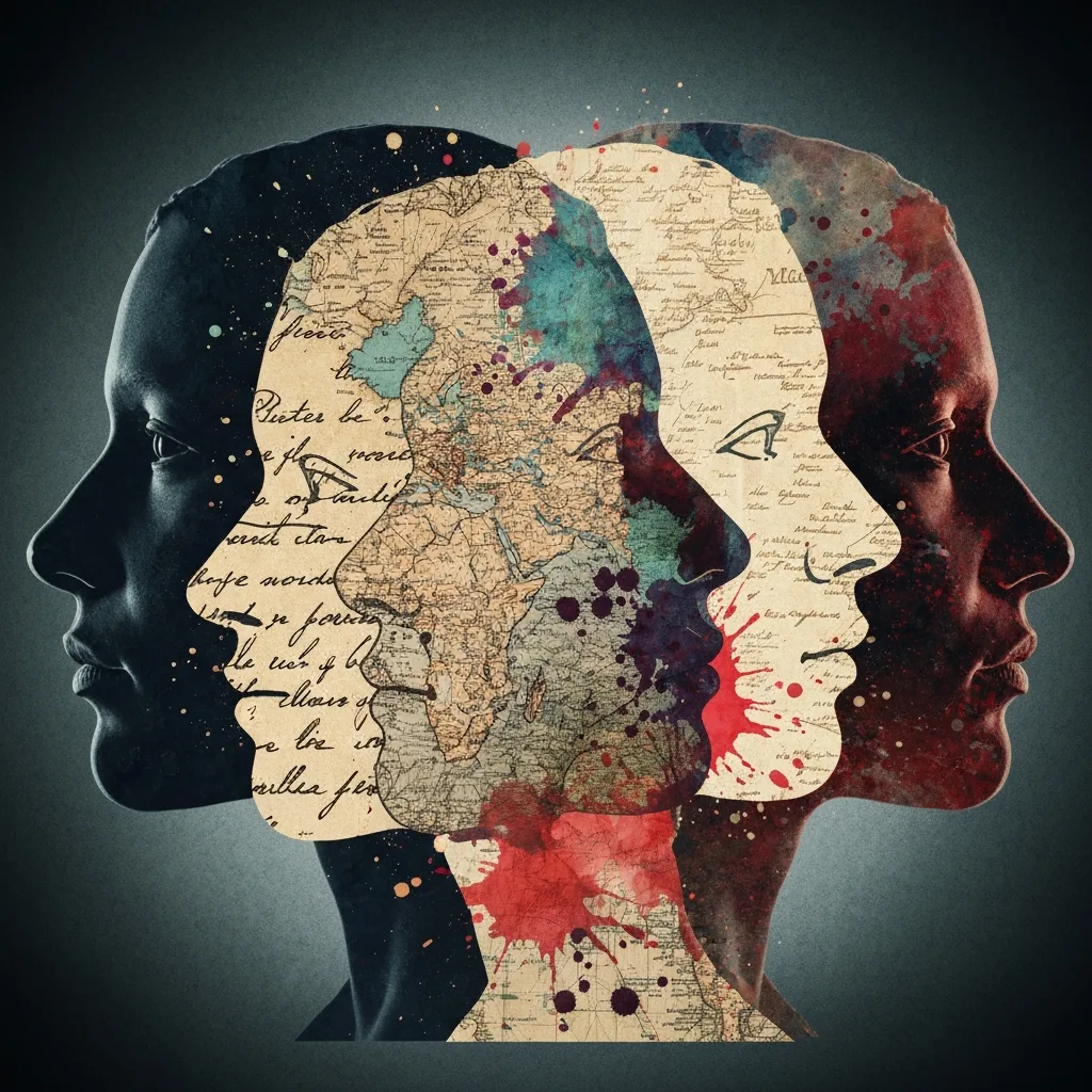 A conceptual illustration of multiple overlapping silhouettes of human faces in profile, each filled with different intricate textures like handwritten text, vintage maps, and abstract watercolor splashes, symbolizing multiple perspectives in literature. Cinematic lighting, moody and intellectual atmosphere, highly detailed.