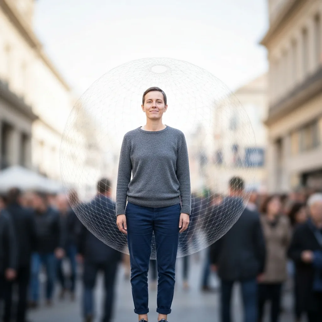 A calm person standing in the center of a bustling, softly blurred crowd. The person is surrounded by a faint, translucent, woven mesh-like sphere that gently filters the chaotic energy of the crowd. Soft, natural lighting, photorealistic, serene atmosphere.