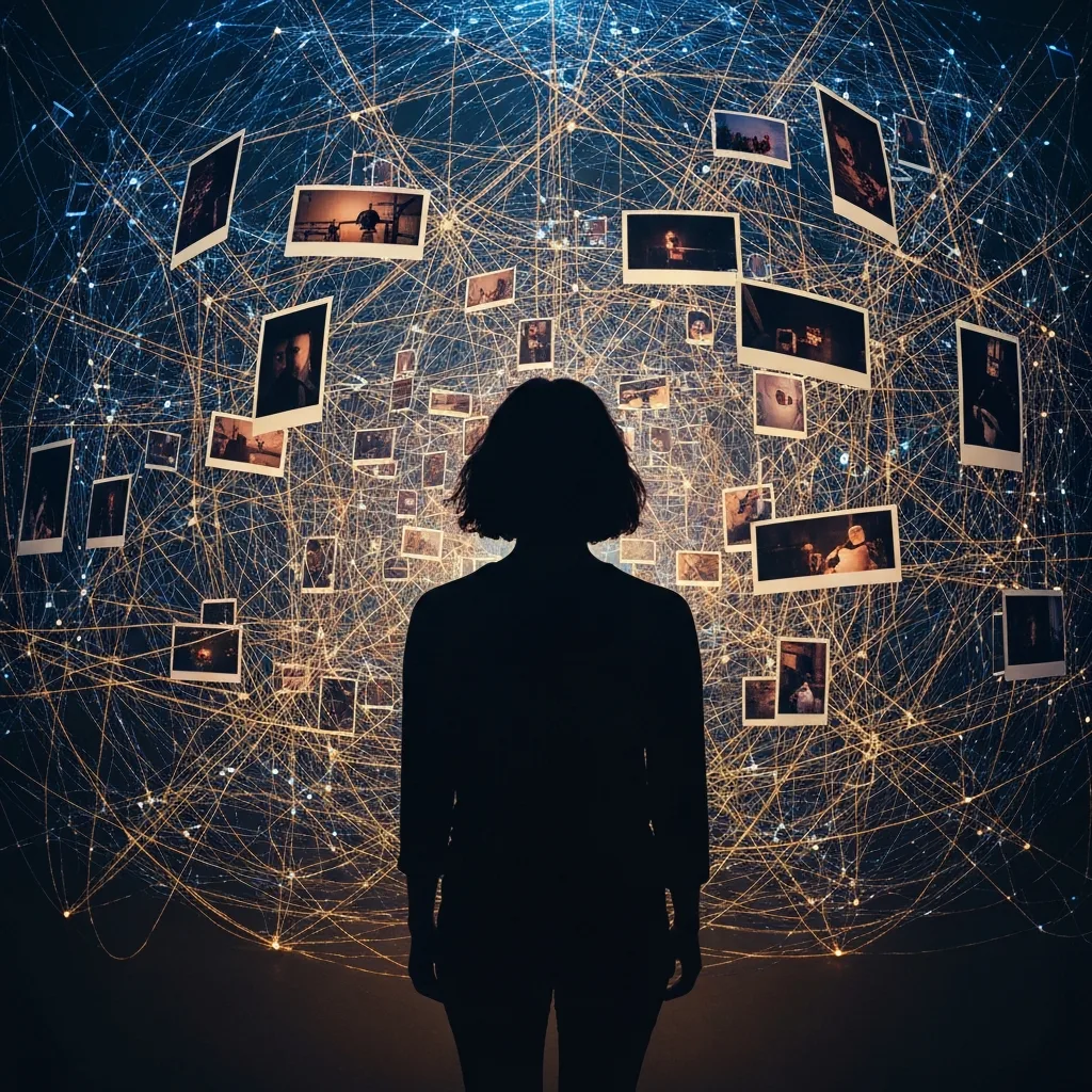 A silhouette of a person standing in front of a massive, complex web of glowing, interconnected threads and floating polaroid memories, representing a non-linear narrative structure. Deep blues and warm golds, atmospheric, literary aesthetic.