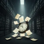 A surreal, artistic representation of a vintage clock shattering into glowing, floating book pages. The background is a moody, dimly lit library with dust motes catching the light. Cinematic lighting, highly detailed, conceptual art style.