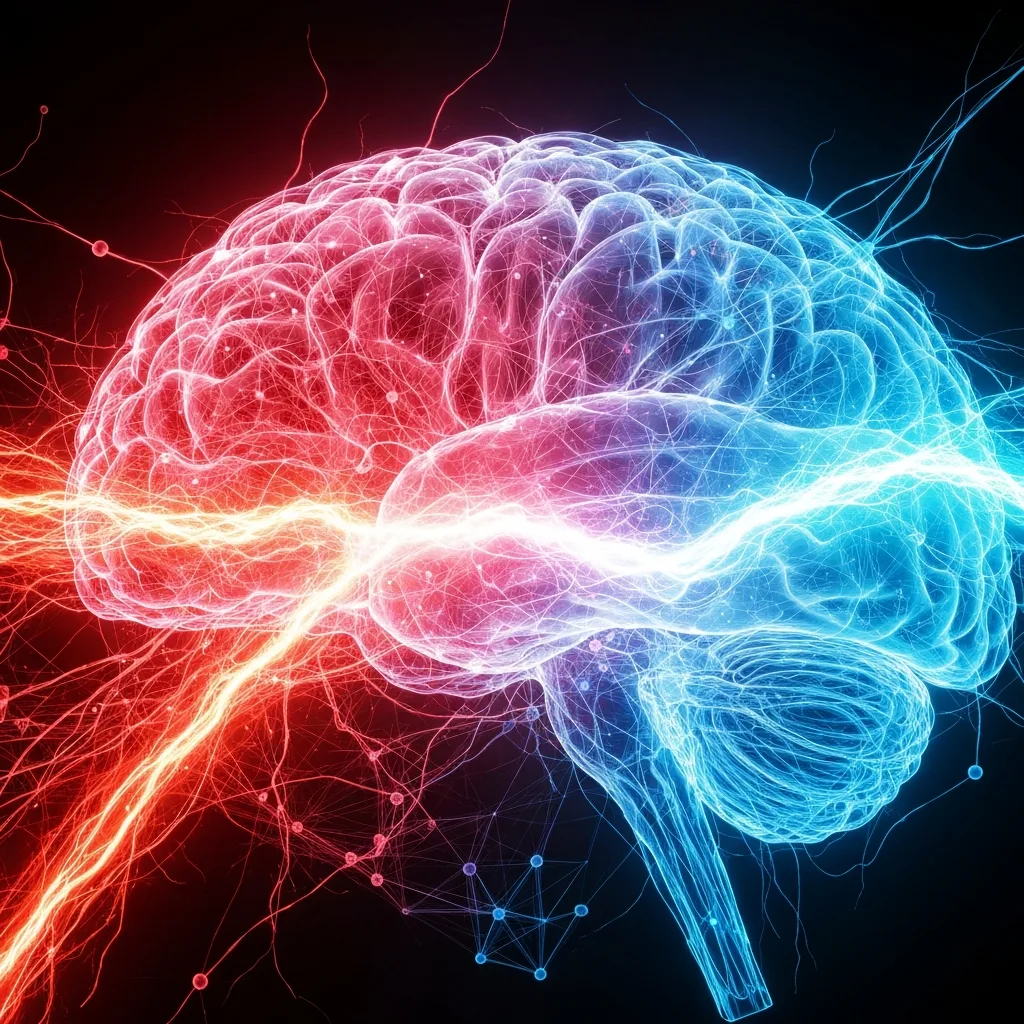 Abstract visualization of the brain's neural pathways, where a bright, chaotic red energy stream is smoothly transitioning into a calm, organized, and glowing blue wave, symbolizing the shift from emotional reactivity to regulated calmness.