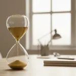 A macro shot of a sleek, modern hourglass with golden sand falling slowly, set against a softly blurred, tranquil minimalist workspace with natural morning light. The image evokes a sense of paused time and calm deliberation.