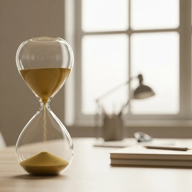 A macro shot of a sleek, modern hourglass with golden sand falling slowly, set against a softly blurred, tranquil minimalist workspace with natural morning light. The image evokes a sense of paused time and calm deliberation.