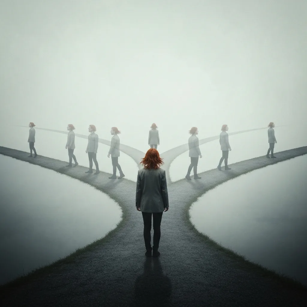 A person standing at a misty crossroads in an ethereal landscape, with multiple semi-transparent versions of themselves walking down different diverging paths. High contrast, conceptual art, literary aesthetic.