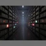 A surreal, atmospheric library stretching into infinity, where each glowing book on the dark wooden shelves represents a different parallel life. Cinematic lighting, photorealistic, moody and mysterious.