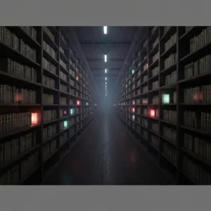 A surreal, atmospheric library stretching into infinity, where each glowing book on the dark wooden shelves represents a different parallel life. Cinematic lighting, photorealistic, moody and mysterious.