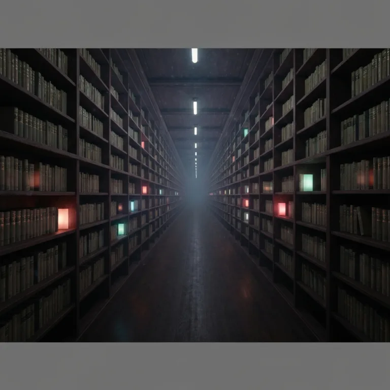 A surreal, atmospheric library stretching into infinity, where each glowing book on the dark wooden shelves represents a different parallel life. Cinematic lighting, photorealistic, moody and mysterious.