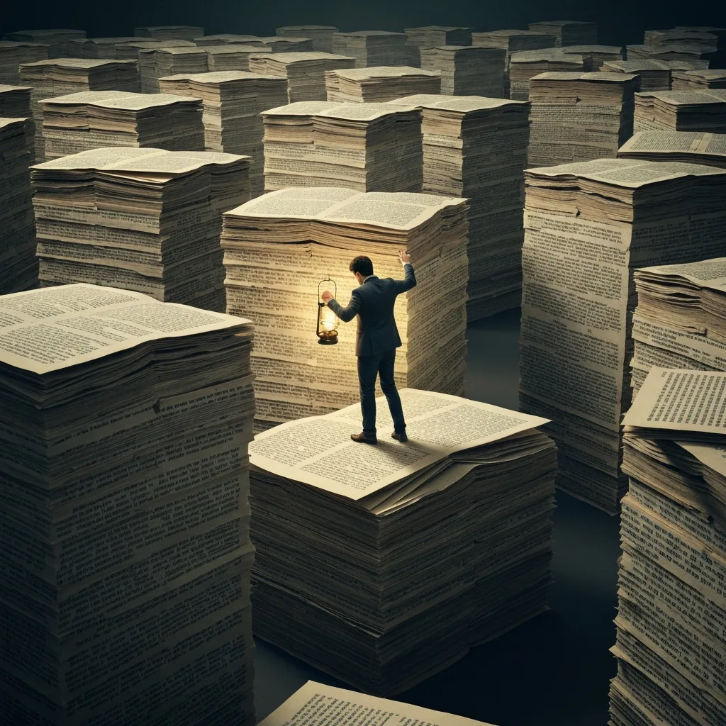 A surreal, conceptual illustration of a reader physically navigating a labyrinth made entirely of giant, towering book pages. The paper walls are covered in dense text, and the reader is holding a glowing vintage lantern, trying to find their way through the typographical maze. High contrast, cinematic lighting.