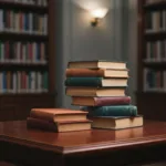 A highly detailed, atmospheric photograph of an open, complex book on a dark wooden desk. The pages of the book feature chaotic, non-linear typography, with text spiraling in circles and dense footnotes in red ink. A magnifying glass and scattered handwritten notes rest beside it, softly lit by a warm, moody desk lamp.
