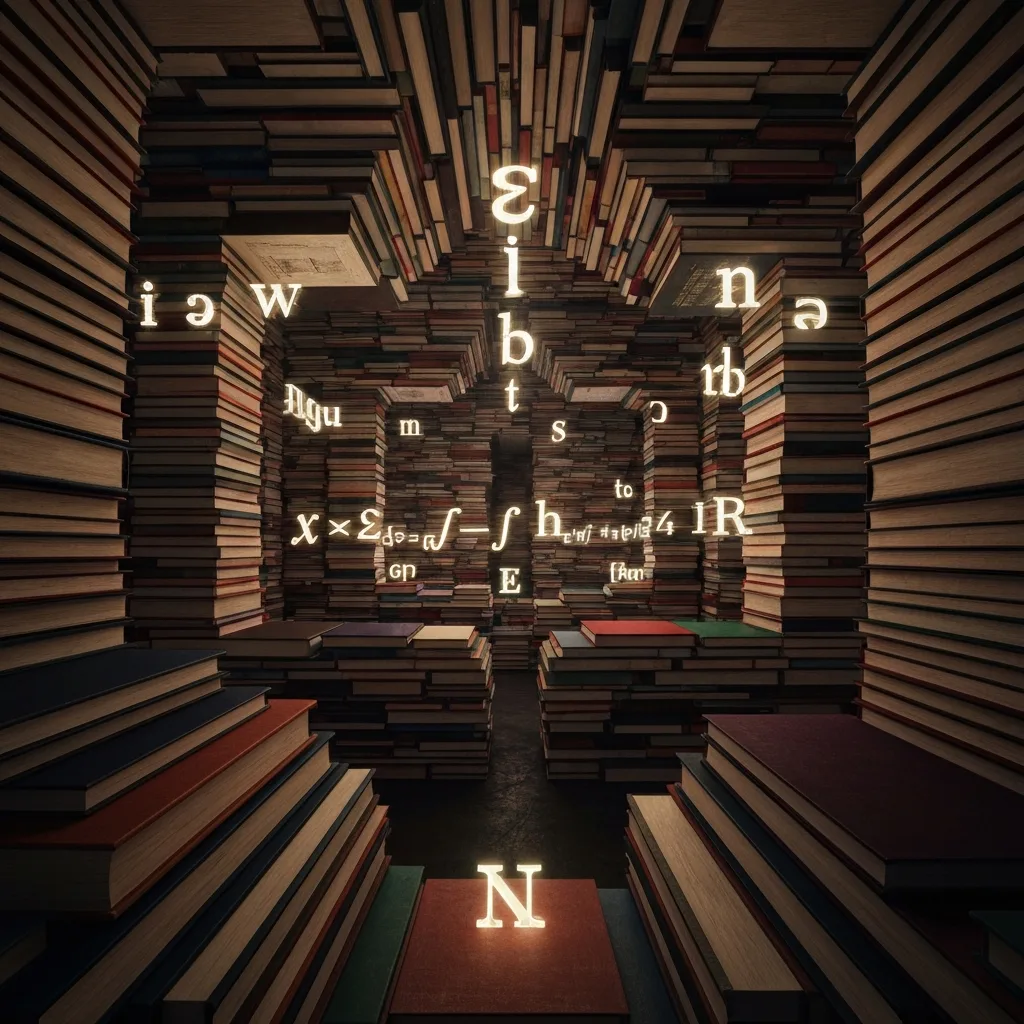 An abstract architectural labyrinth made entirely of stacked hardcover books and floating typography. Mathematical symbols blend seamlessly with letters, creating an Escher-style composition. Cinematic lighting, deep rich colors, 8k resolution, conceptual art.