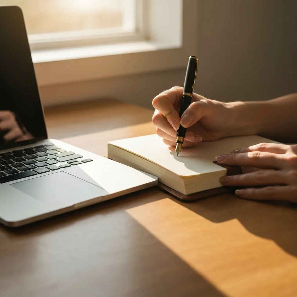 A close-up, overhead shot of a person's hands writing intentionally in a high-quality, thick leather-bound notebook with a premium fountain pen. Beside the notebook rests a closed, powered-down laptop. Warm, natural morning sunlight streams through a nearby window, emphasizing the tactile, grounded nature of manual work.
